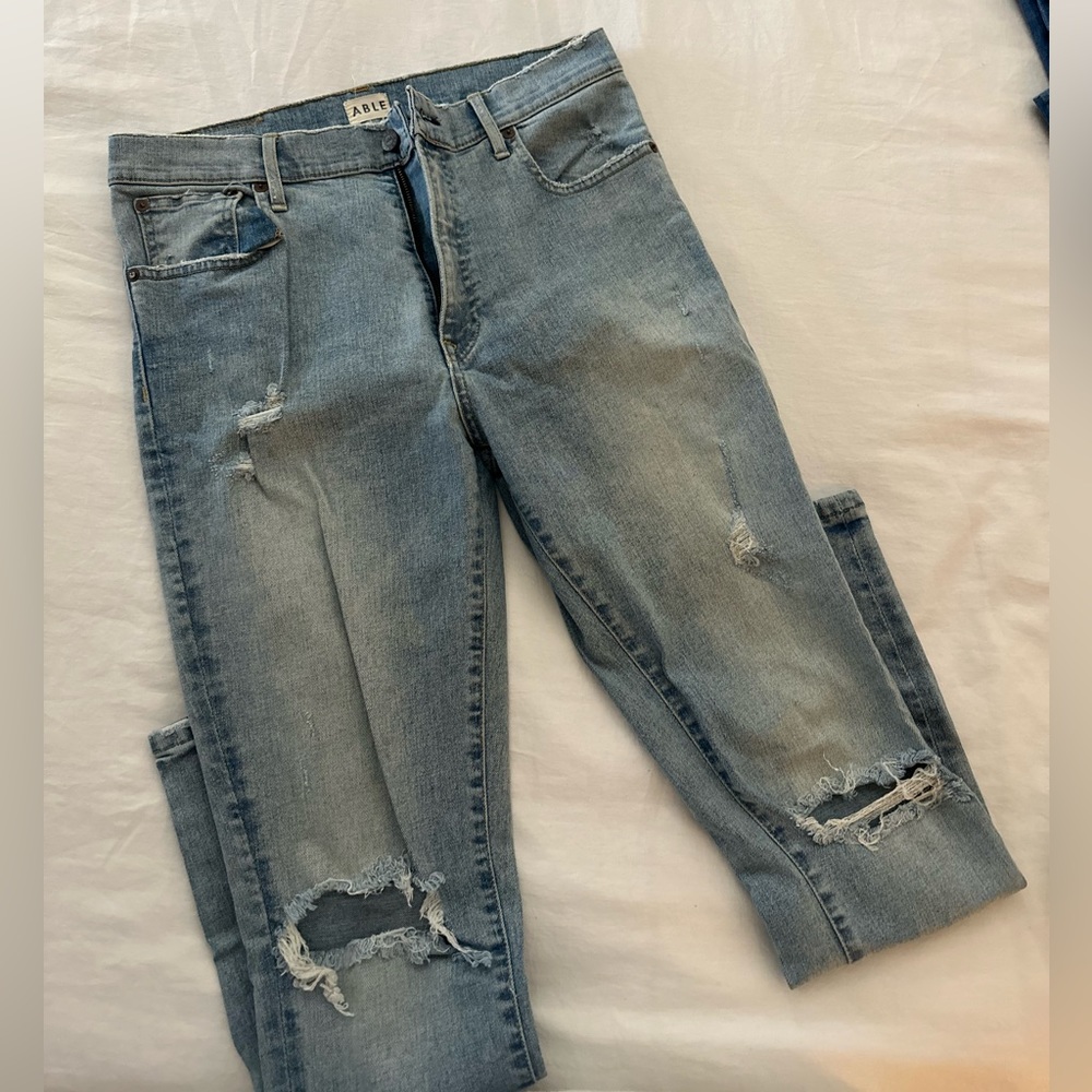 ABLE High Rise Jeans Skinny Light Wash Distressed Knees Size 29